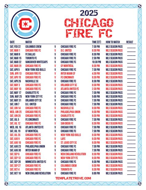Printable2025 Chicago Fire FC Soccer Schedule