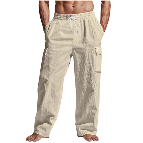 Casual Linen Cargo Pants for Mens Loose Fit Elastic Drawstring Waist ...