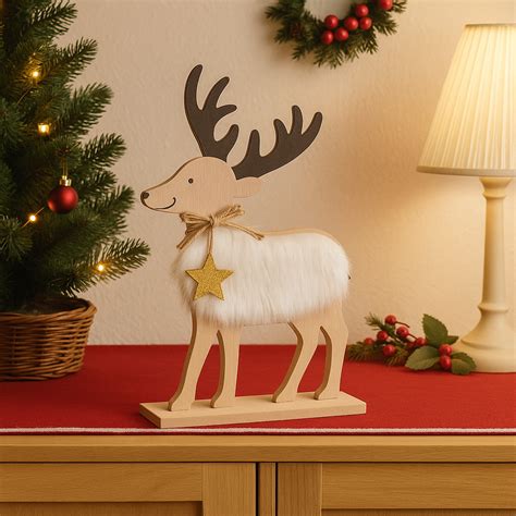 CORAL TREE Wooden Christmas Reindeer Table Decor with White Faux Fur ...