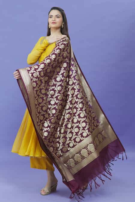 Buy Wine Brocade Fringe Floral Pattern Banarasi Dupatta For Women by ...