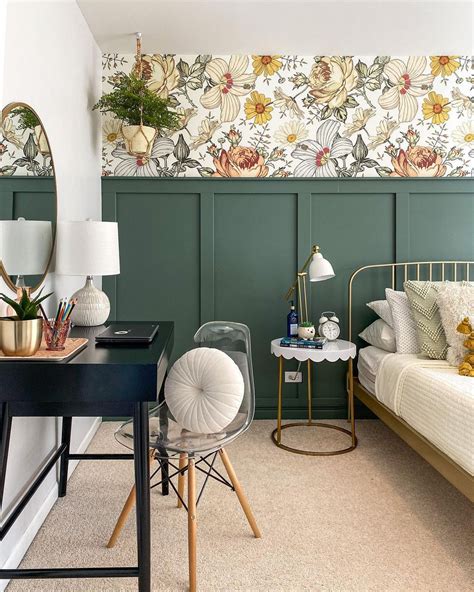 Floral Wallpaper Accent Wall with Green Board and Batten