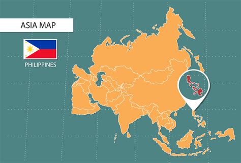 Philippines map in Asia zoom version, icons showing Philippines location and flags. 19476169 ...