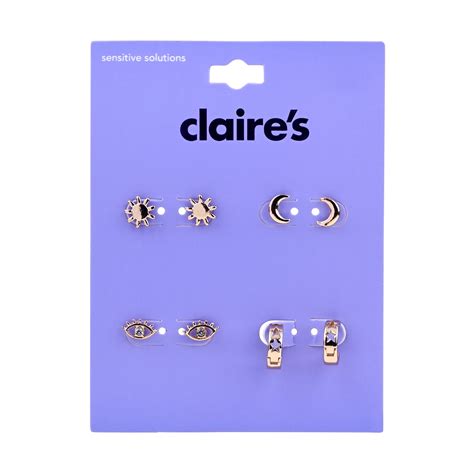 Claire's Tween Girls Celestial Gold 10MM Earring Set, Sun, Moon and Star Earrings, 8 Pieces ...