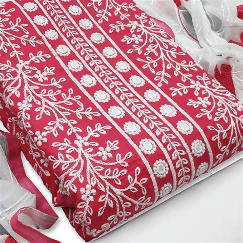 Pink Floral Embroidered Pure Cotton Dress Material