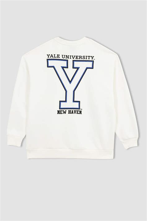 Beyaz Kadın Yale University Sırt Baskılı Oversize Fit Bisiklet Yaka ...