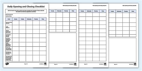 Daily Opening and Closing Checklist for Private Early Years Settings