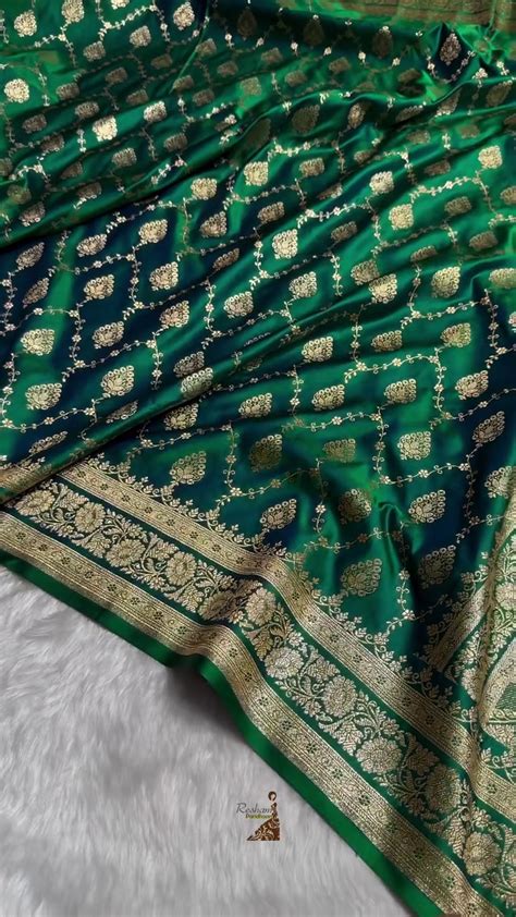 Emerald Green Banarasi Silk Saree – All-Over Zari Jaal & Leaf Motif We ...