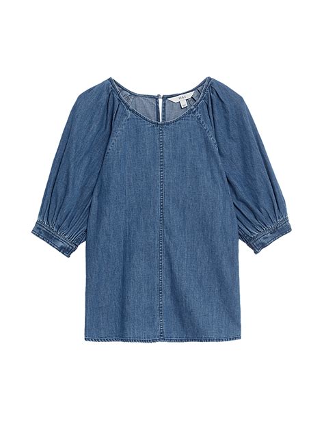 Buy Pure Cotton Denim Puff Sleeve Blouse at Marks & Spencer