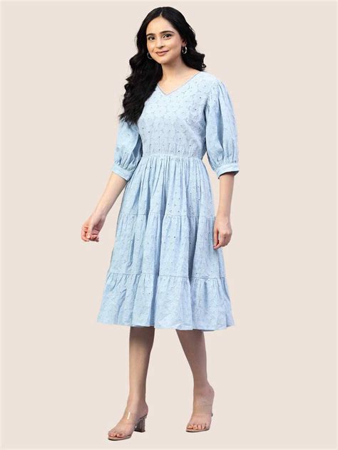 Sky Blue Schiffli Midi Dress – Elegant and Feminine – Hencemade