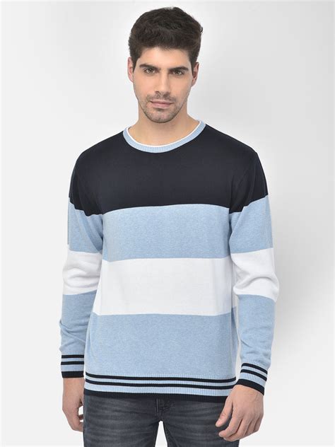 Men Navy Blue Regular Fit Round Neck Color Block Full Sleeve Sweater