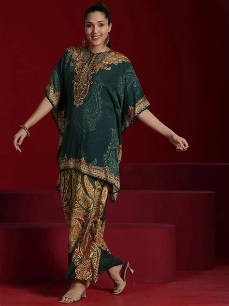 Buy Libas Art Green Printed Silk Blend Straight Kurta With Palazzos ...