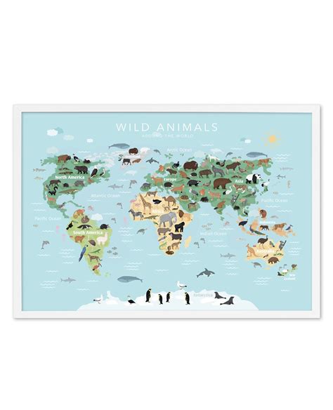 Wild Animals World Map in Blue art print or poster for kid's bedroom ...
