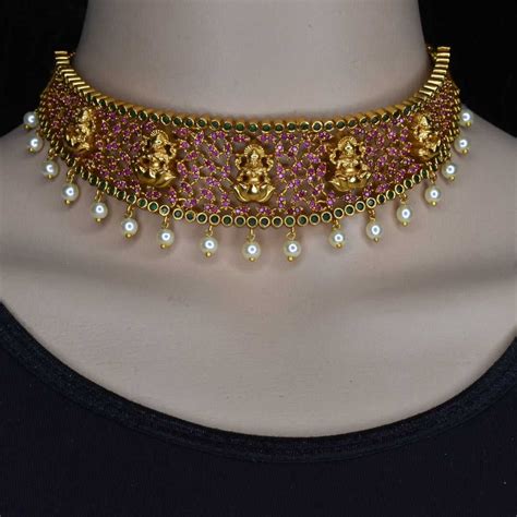 Antique Lakshmi Choker Set | 24K Gold CZ Pearl Beaded Necklace | Asp ...