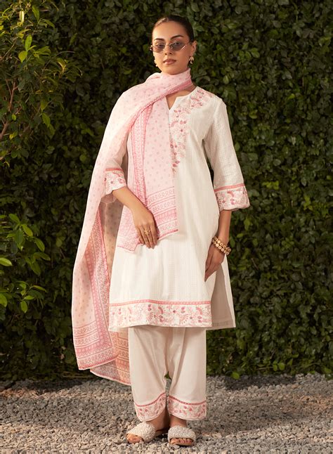 Rose Light Pink Embroidered Cotton Jacquard Suit Set with Dupatta ...
