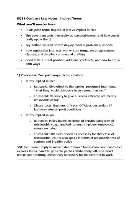 SQE1 Contract Law Notes: Distinguishing Implied Terms in Law vs Fact ...