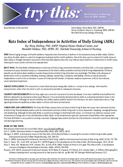 Katz Index of Independence in Activities of Daily Living - From The Hartford Institute for ...