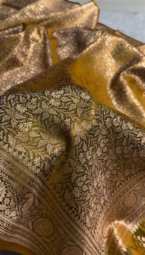 Radiant Golden Satin Silk Saree with All-Over Floral Zari Weaving ...