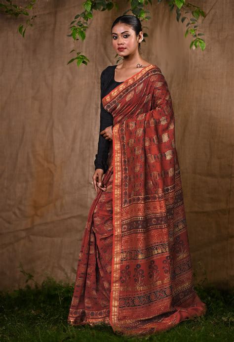 Buy Red Pure Ajrakh Printed Maheshwari Soft Silk Saree-UNM81880 Online ...