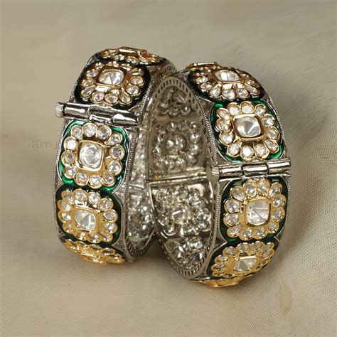 Emerald Green Meena Work Kundan Kadas