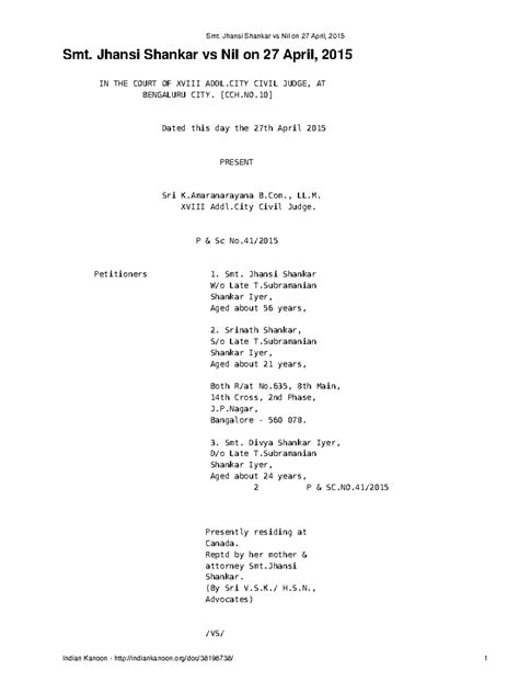 Smt. Jhansi Shankar vs Nil: Succession Certificate Order - 27 April ...