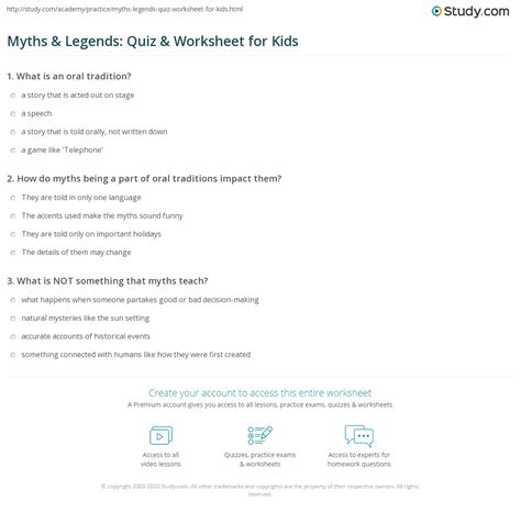 Myths & Legends: Quiz & Worksheet for Kids | Study.com