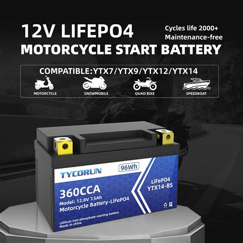 12 Volt Lithium ion Motorcycle Battery 7.5Ah 360 CCA LiFePO4-Tycorun Batteries