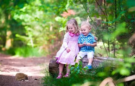 Wallpaper forest, trees, joy, children, boy, small, girl, hedgehog for ...