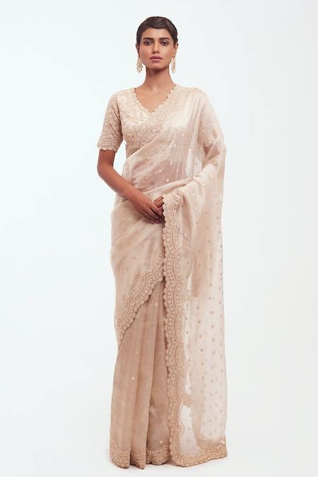 Buy Gold Organza Woven And Embellished Tikki V Neck Bordered Saree ...