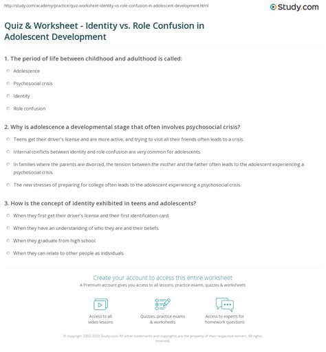 Quiz & Worksheet - Identity vs. Role Confusion in Adolescent ...