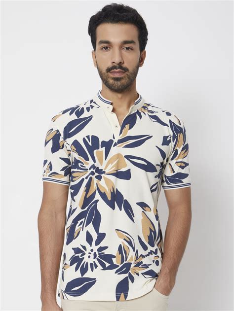Buy Off White Floral Print Slim Fit Henley T-shirt Online at Muftijeans