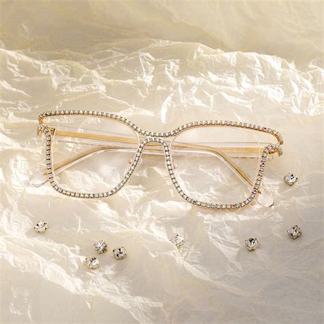 Half Rim Square Glasses With Decorated Shiny Diamonds