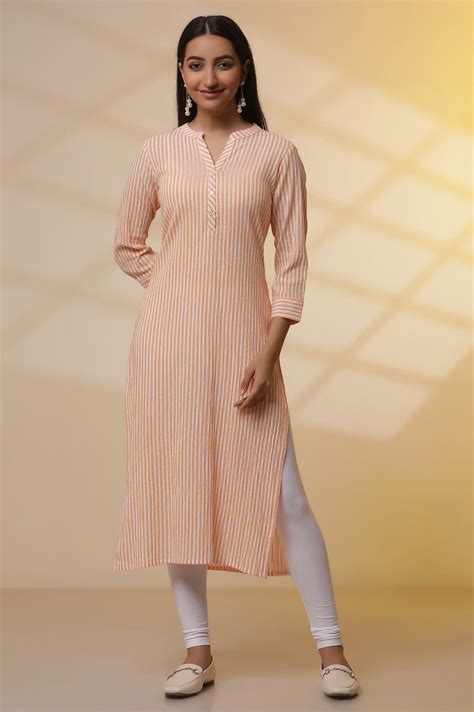 Buy Orange and White Striped Cotton Kurex Kurta and Tight Set Online ...