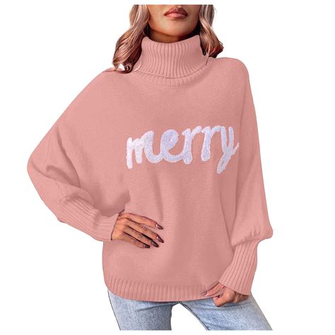 Women Merry Sweaters Turtleneck Long Sleeve Letter Print Loose Knitted ...