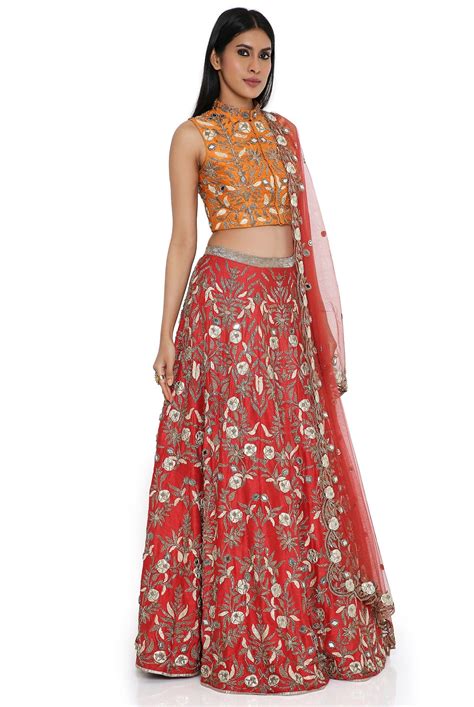 Orange Dupion Silk Embroidered Choli & Red Dupion Silk Embroidered Leh ...