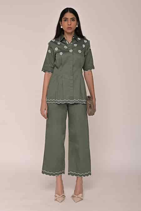 Buy Green Cotton Satin Floral Collared Scalloped Hem Embroidered Top ...