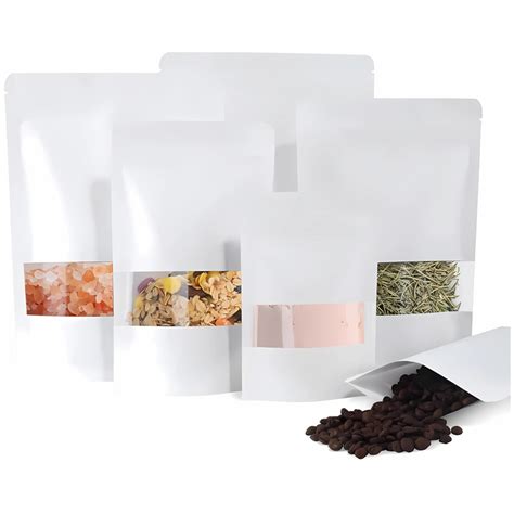 White Kraft Paper Stand-Up Pouch with Window | Resealable Zip Lock Bags ...