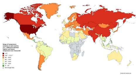 Map of range between temperature extremes in each country. (Difference between lowest and ...