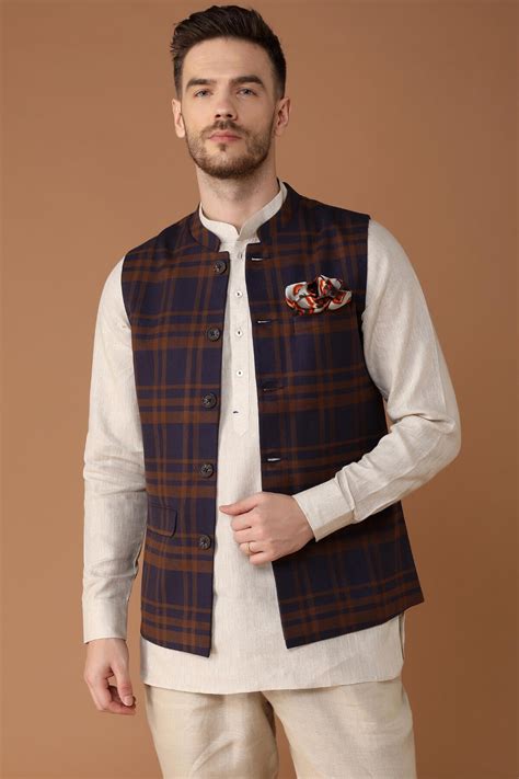 The Cadoc Nehru Jacket - Brown Blue Wool Check