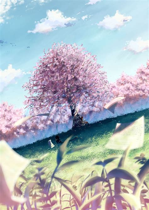 求一张动漫的图 一个人靠在好像是樱花树下 场景是粉色还是紫色_百度知道