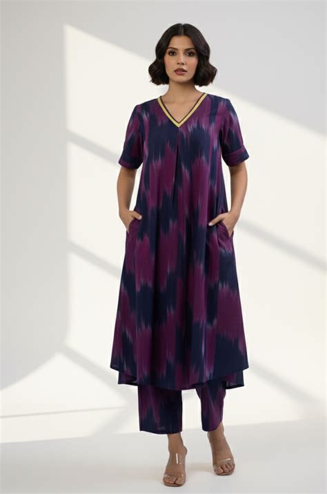 Twilight Streak Modern Box Pleated Cotton Kurta & Pants Co-ord Set ...