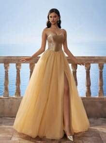 Luxury Gold Cinched Waist Mesh Maxi Ball Gown Bridesmaids Dress For ...