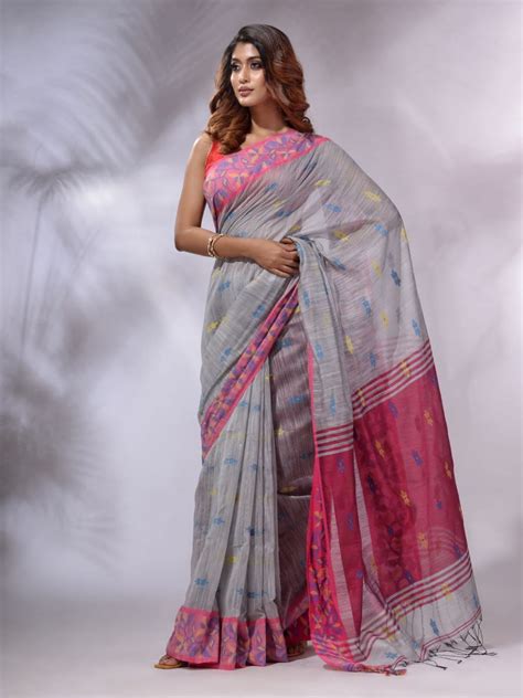 Buy Old Grey and Pink Cotton Saree with Jackqurd Border Online - MySilkLove