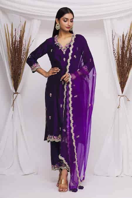 Buy Purple Spun Silk Floral Motifs V Neck Embroidered Kurta Set For ...