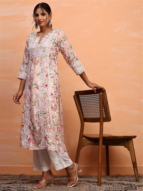 Pink Print Chikankari Long Kurta - House Of Kari (Chikankari Clothing)