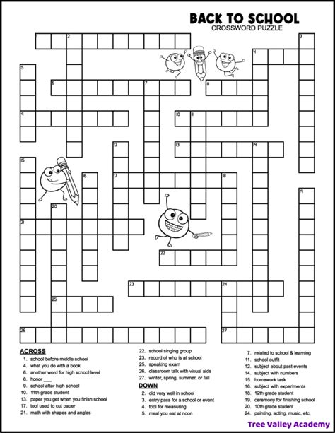 Back to School Crossword Middle School - Tree Valley Academy