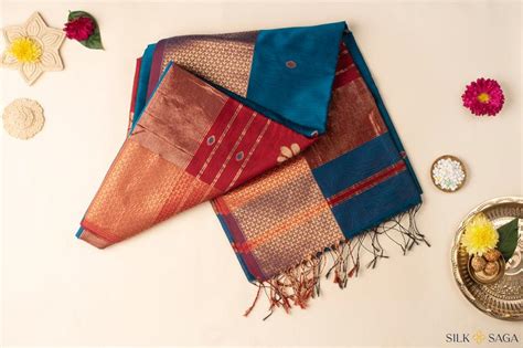 Royal Blue Maheshwari Saree with Brick Red Pallu & Narmada Leher Zari ...