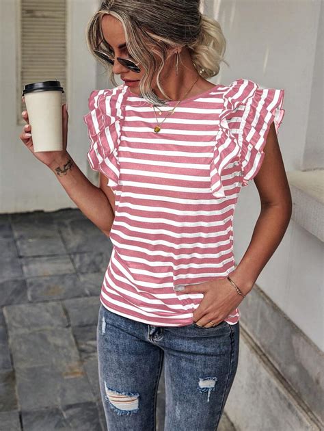 SHEIN LUNE Women's Summer Casual Striped Round Neck Cap Sleeve Tee ...