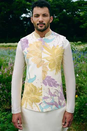 Buy Ivory Tussar, Silk, Poplin Embroidery Nehru Jacket Set For Men by ...