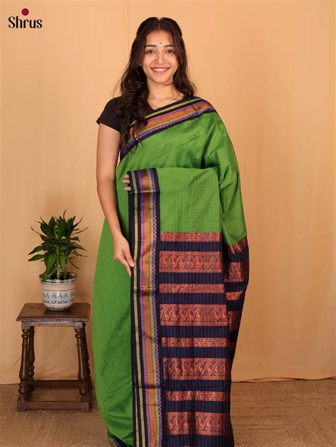 Beautiful Green Kalyani Cotton Saree with Zari Woven Checks, Blue Bord