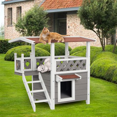 Buy AVAWING Cat House, Outdoor Cat Enclosures 2 Story Wooden Outdoor ...